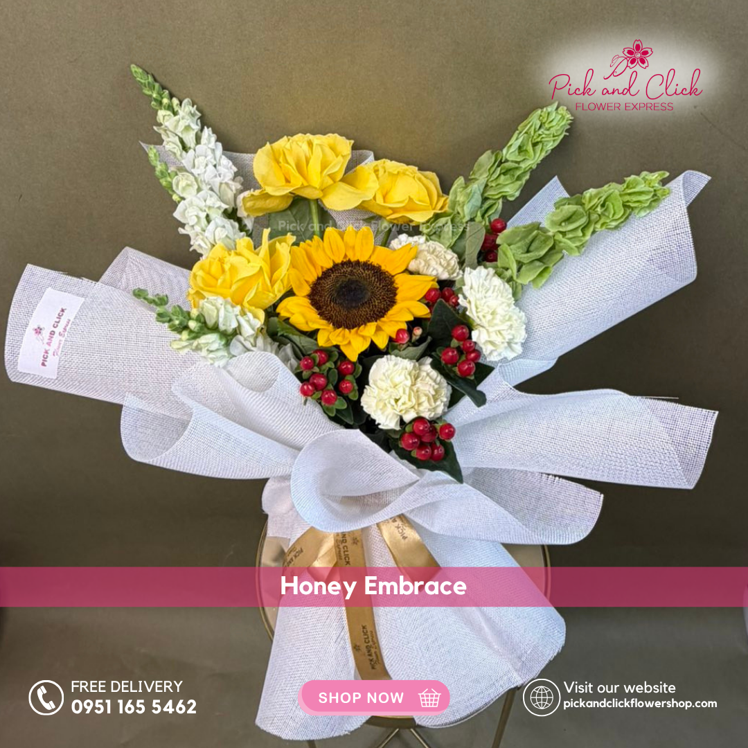 Sunflower, yellow rose, light yellow carnation, snapdragon, and Bells of Ireland bouquet in Korean linen wrap – Metro Manila flower delivery