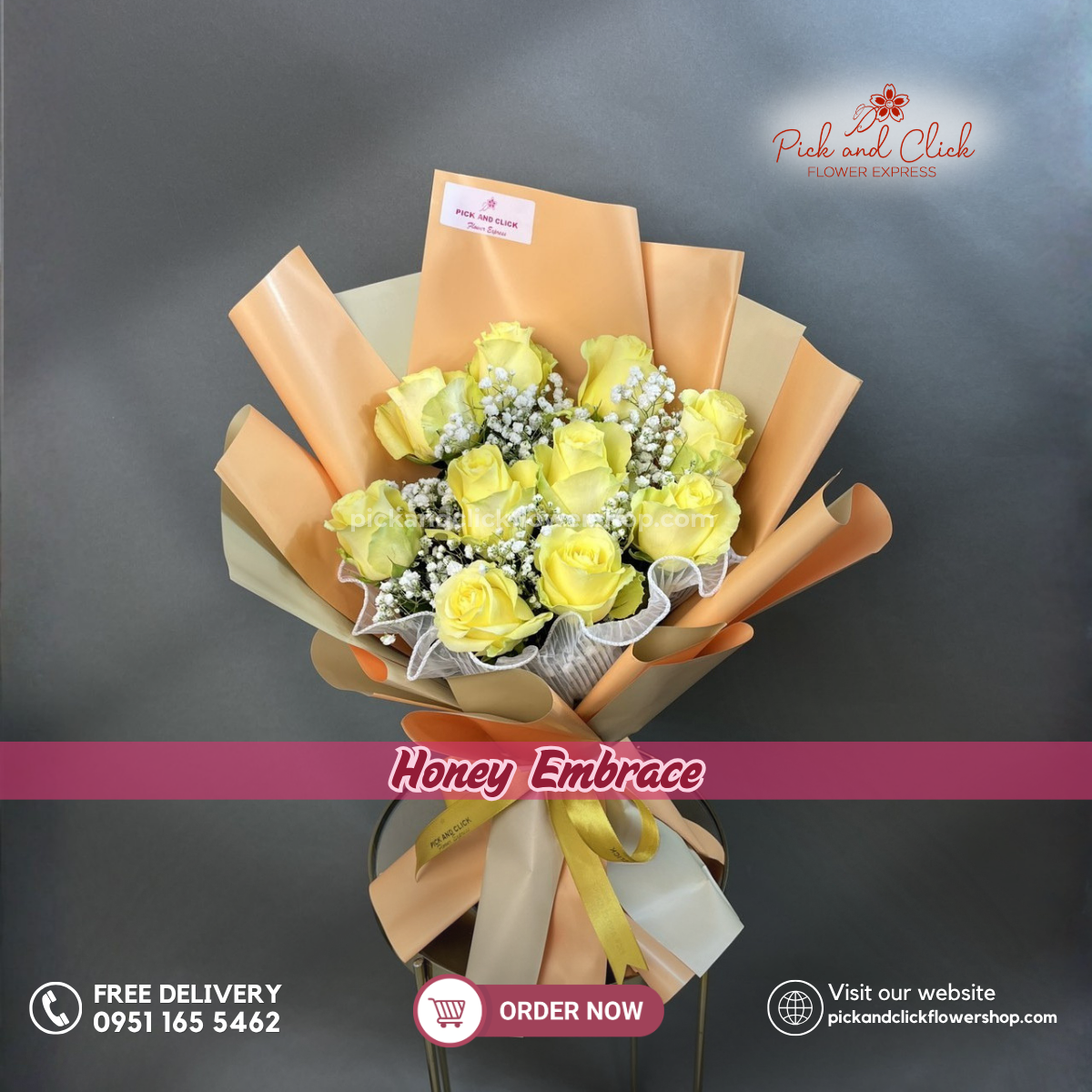 Honey Embrace Bouquet featuring 10 yellow roses accented with delicate gypsophila, arranged in a cheerful and elegant floral design, a bright and heartwarming bouquet perfect for birthdays, congratulations, friendship gifts, and special occasions in the Philippines.