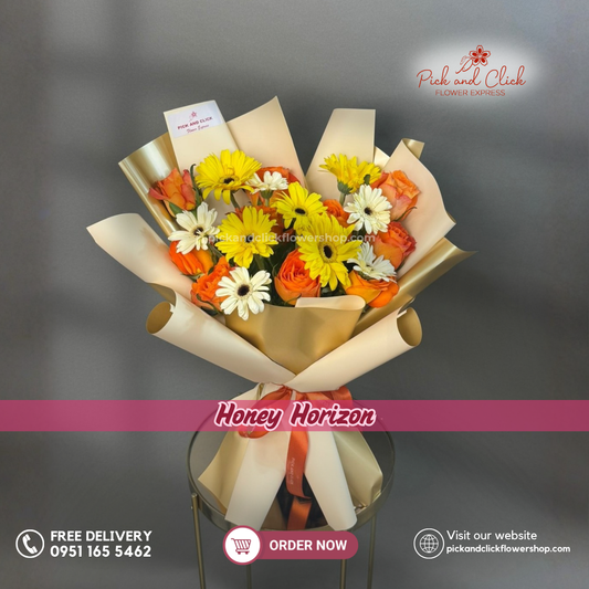 Honey Horizon Bouquet featuring 10 orange roses, 5 orange gerberas, and 5 white gerberas in a vibrant floral arrangement.