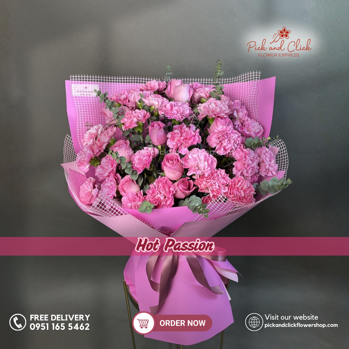 Hot Passion bouquet featuring hot pink roses, hot pink carnations, and eucalyptus in a luxurious vibrant floral arrangement.