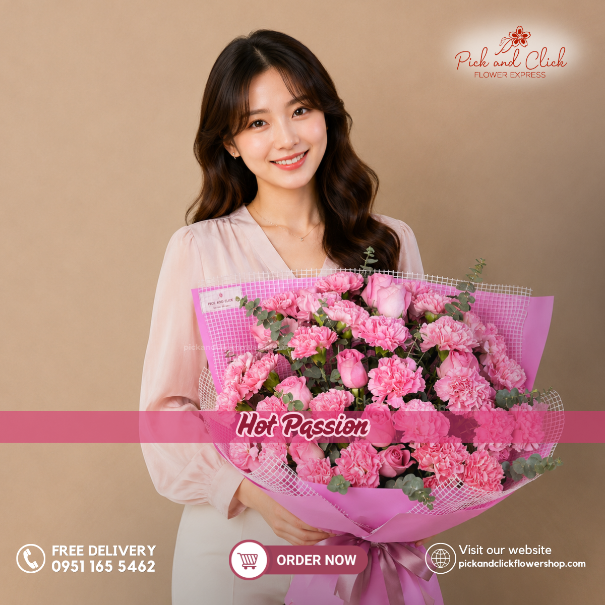 Hot Passion Bouquet featuring 15 hot pink roses, 30 hot pink carnations, and fresh eucalyptus, arranged in an elegant floral design with vibrant hot pink blooms and fresh green accents, a bold and luxurious bouquet perfect for birthdays, anniversaries, romantic gifts, Mother's Day, and special occasions in the Philippines.