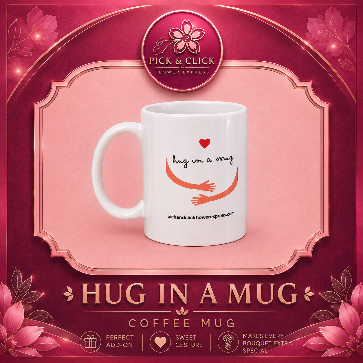 Hug in a Mug coffee mug add-on gift from Pick and Click Flower Express, perfect with flower bouquets, birthday gifts, anniversaries, romantic surprises, and flower delivery in Metro Manila, Philippines.