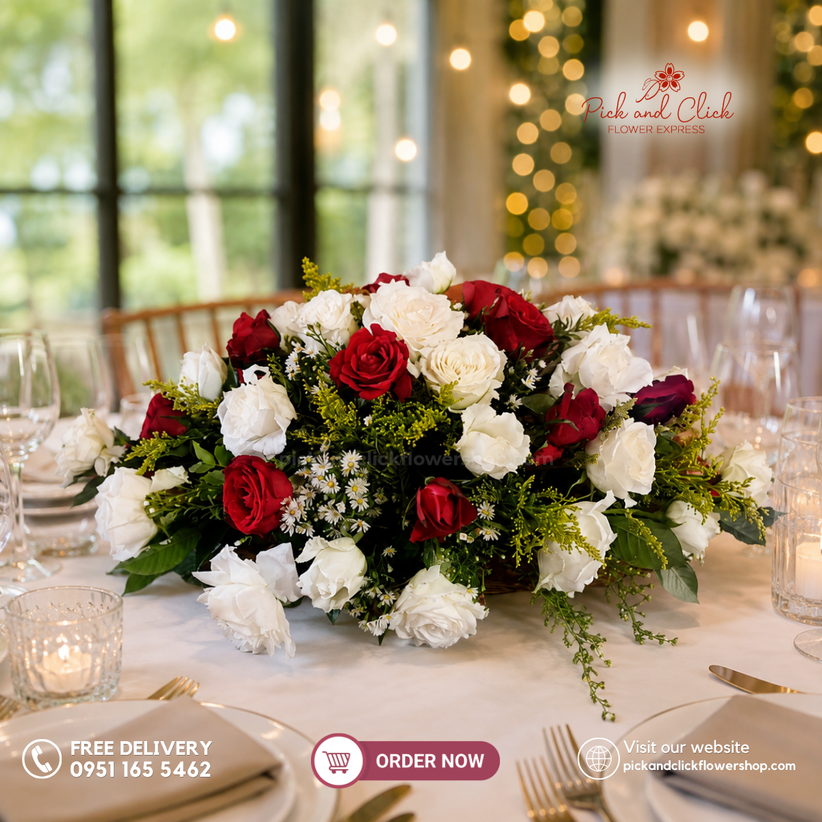 Immortelle Center Table Arrangement featuring Imported Red and White Roses, Golden Rod, Gypsophila, and Rosal for an elegant wedding and event centerpiece in the Philippines.
