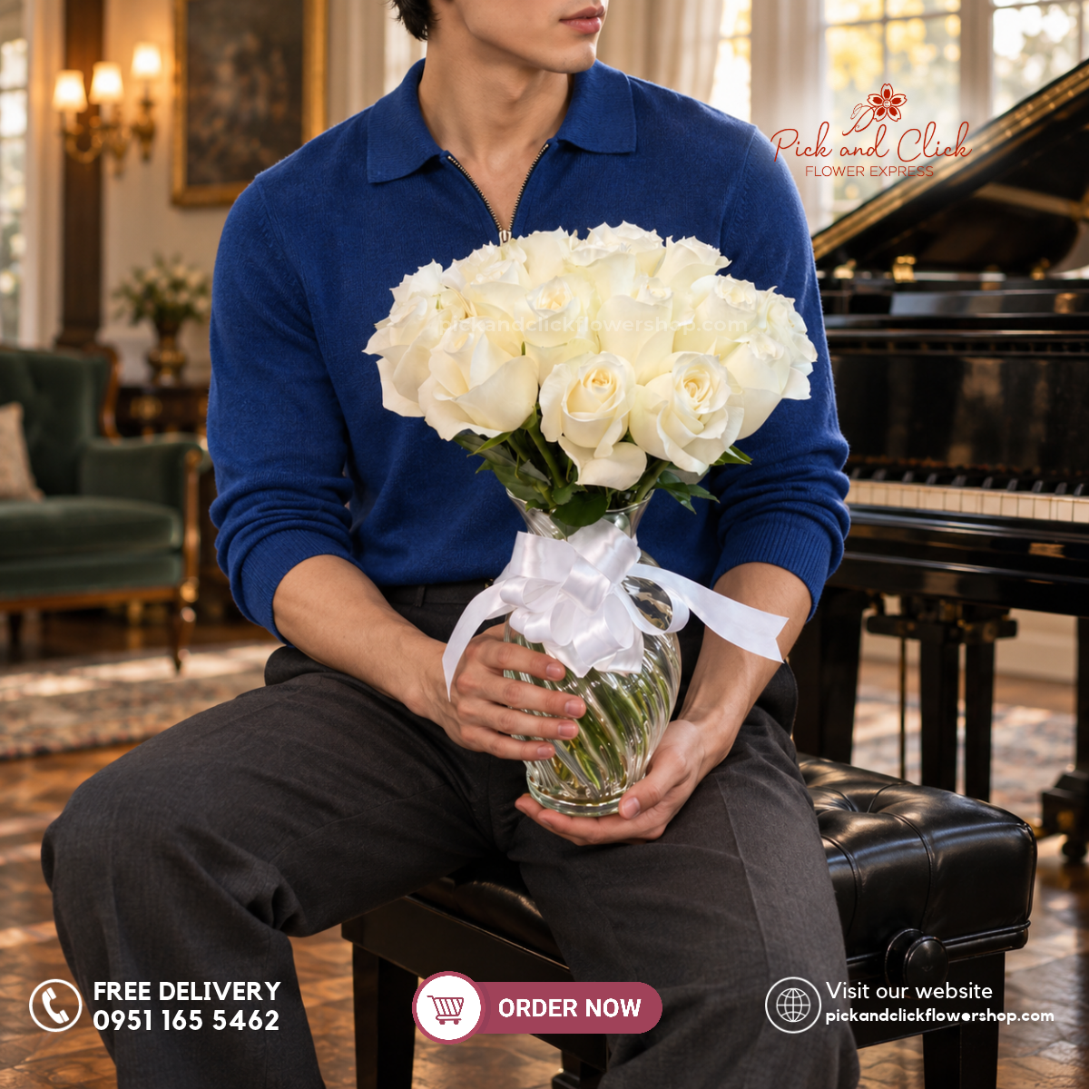 Imperial Ivory vase arrangement featuring 20 imported white roses, available with same-day delivery in the Philippines.