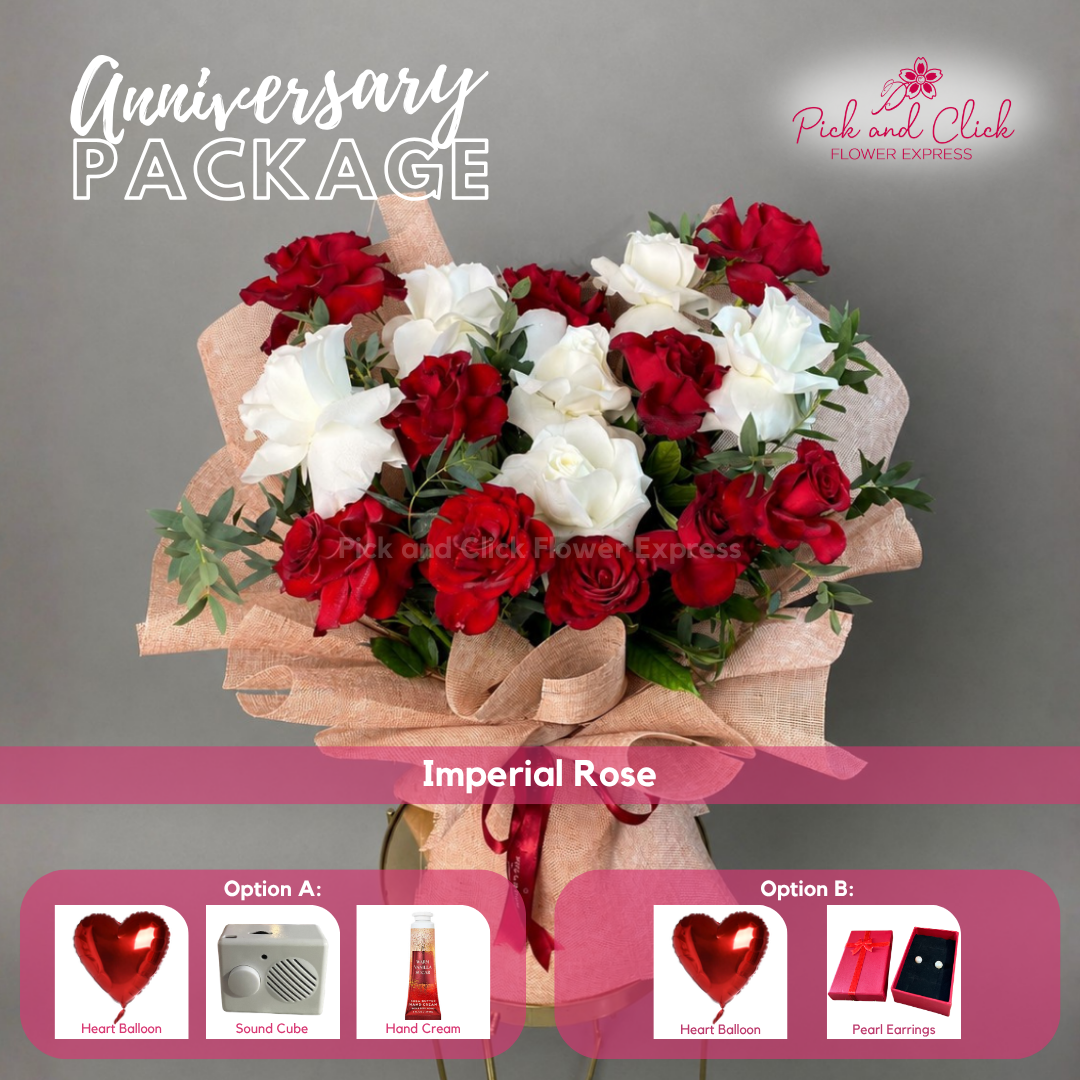 Imperial Rose Anniversary Package featuring 10 Imported Red Roses, 6 Imported White Roses, Parvi Leaves, and a choice of thoughtful anniversary gift add-ons in the Philippines.