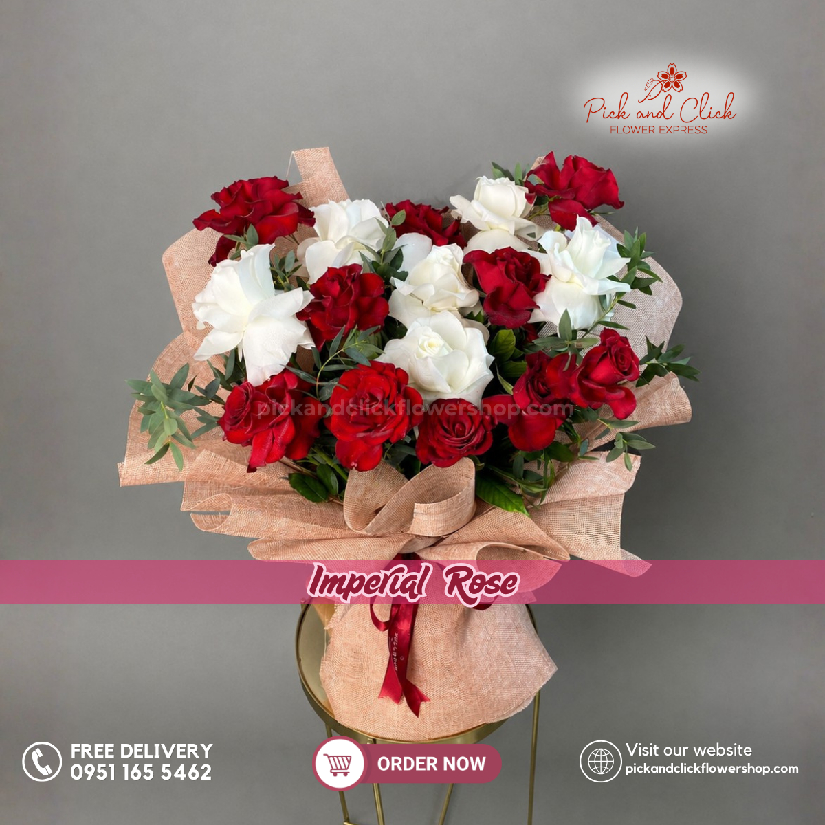 Imperial Rose Bouquet featuring 10 Imported Red Roses, 6 Imported White Roses, and Parvi Leaves in an elegant red and white rose arrangement in the Philippines.