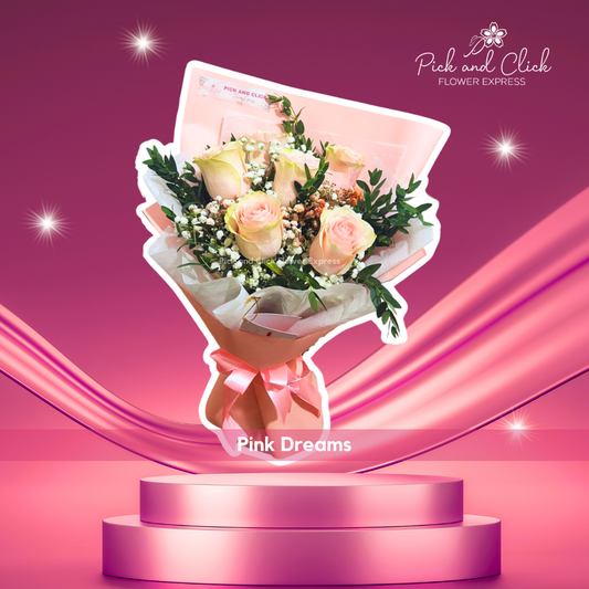 Bouquet of imported China pink roses, gypsophila, and parvy leaves in pink and white wrap — soft and elegant gift