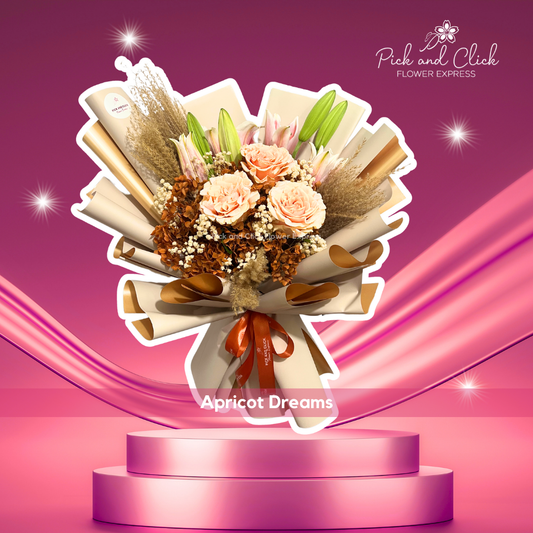 Bouquet of Ecuadorian roses, stargazer lilies, and dried flowers in elegant two-tone wrap — luxurious and artistic floral gift