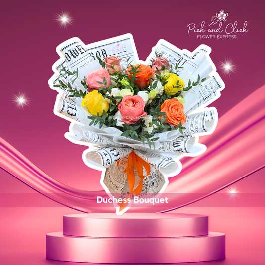 Bouquet with mix color Ecuadorian rose, spray roses, and parvy leaves in printed white wrap