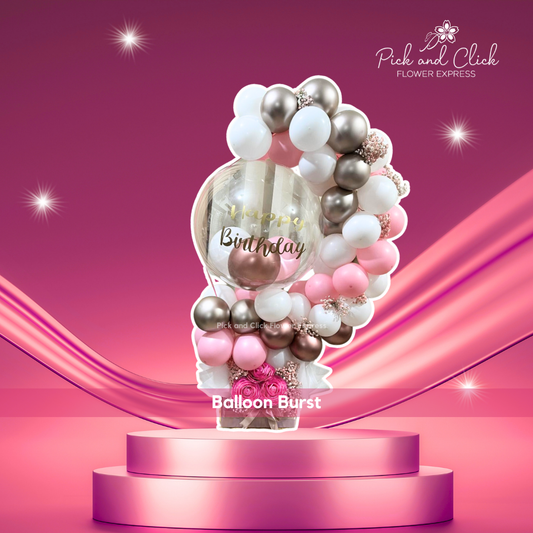 Box bouquet of pink Ecuadorian rose and pink-sprayed gypsophila with silver, white, pink balloons and bobo balloon