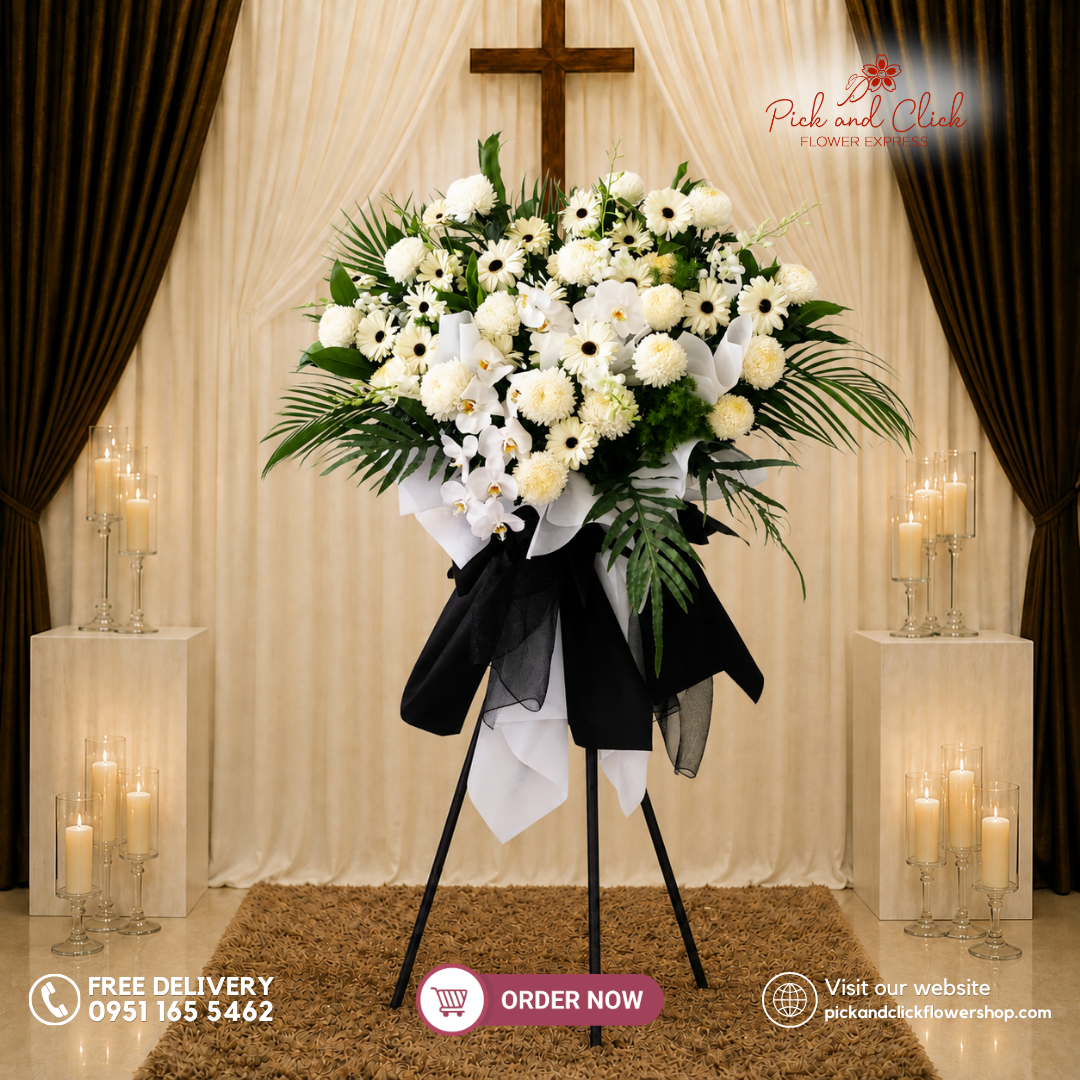 Infinite Peace Funeral Stand featuring Pom Pom Chrysanthemums, White Gerberas, Orchids, and Green Leaf Fillers in an elegant white and green funeral tribute in the Philippines.
