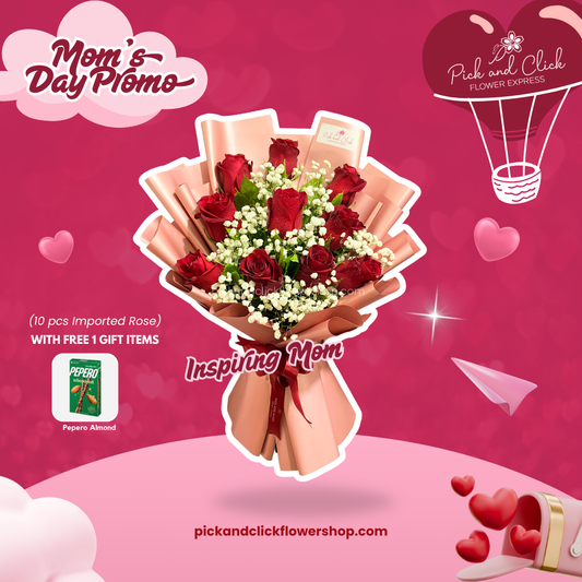 Bouquet of red rose and gypsophila in rose gold wrap with freebie — an elegant gift for an inspiring mom