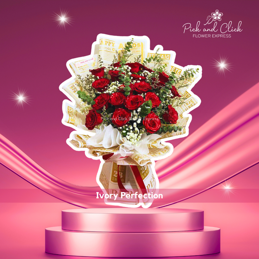 Bouquet of imported red roses, white gypsophila, and eucalyptus in artistic printed wrapping paper
