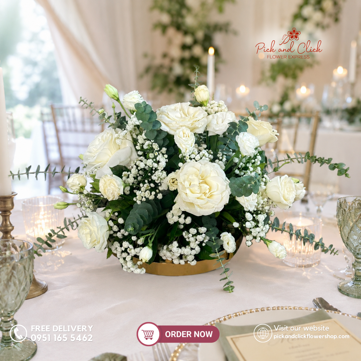 Ivory Garden Center Table Arrangement featuring Imported Roses, Lisianthus, Gypsophila, and Eucalyptus for an elegant wedding and event centerpiece in the Philippines.