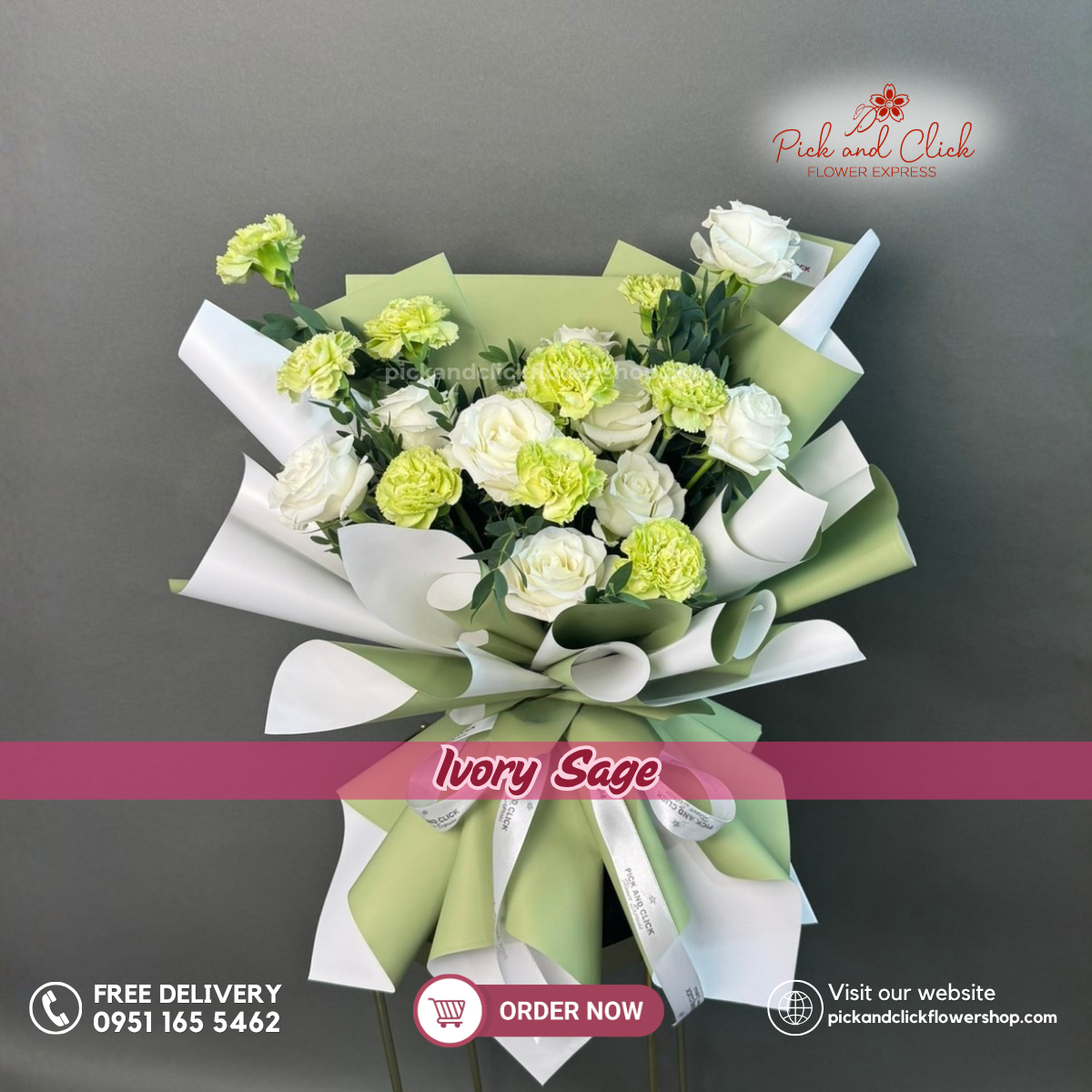 Ivory Sage Bouquet featuring 10 Imported White Roses, 10 Green Carnations, and Parvi Leaves in an elegant white and green floral arrangement in the Philippines.