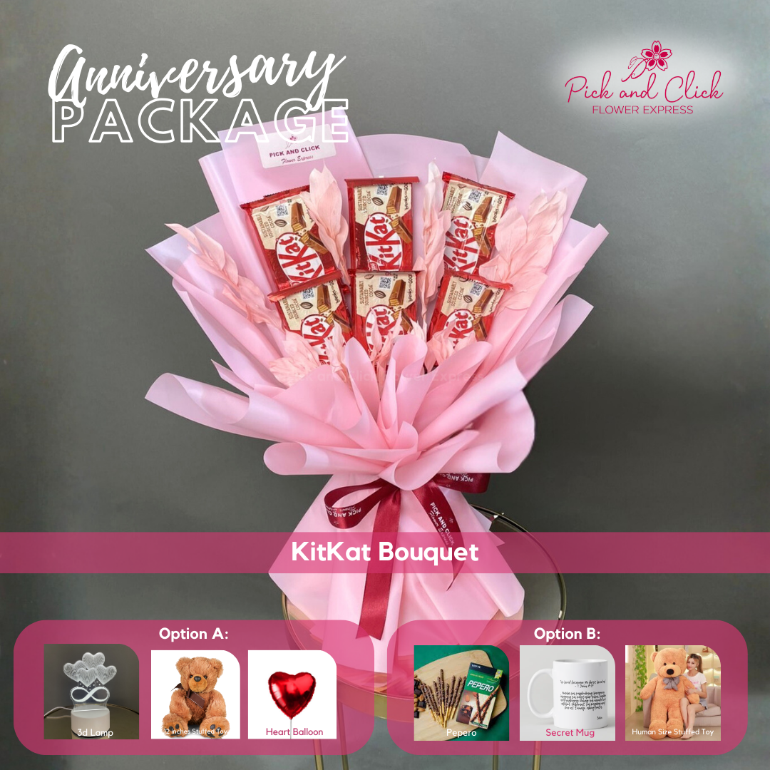 KitKat chocolate bouquet featuring 6 KitKat bars and melaleuca leaves arranged in an anniversary gift package with optional add ons.