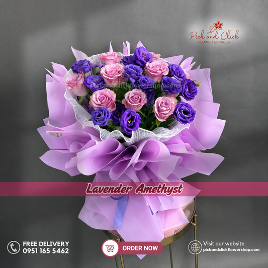 Lavender Amethyst Bouquet featuring 10 purple roses and violet lisianthus in an elegant floral arrangement.