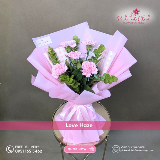 Bouquet of pink carnations and rosal flowers wrapped in soft pink paper, elegant and romantic floral gift