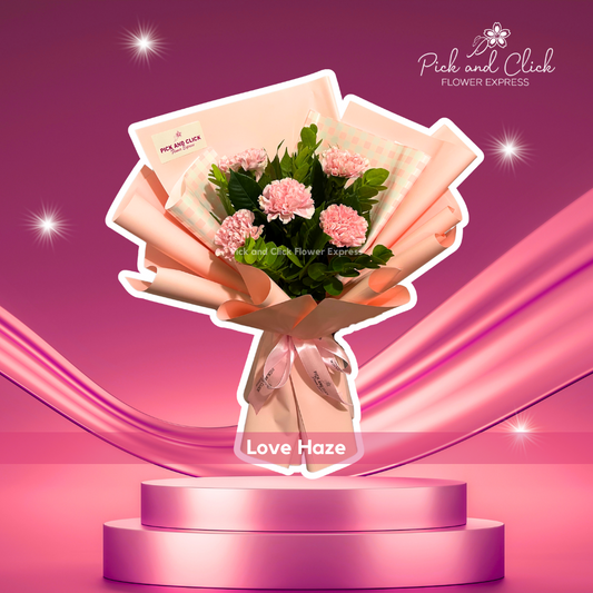 Bouquet of pink carnations and rosal flowers wrapped in soft pink paper, elegant and romantic floral gift