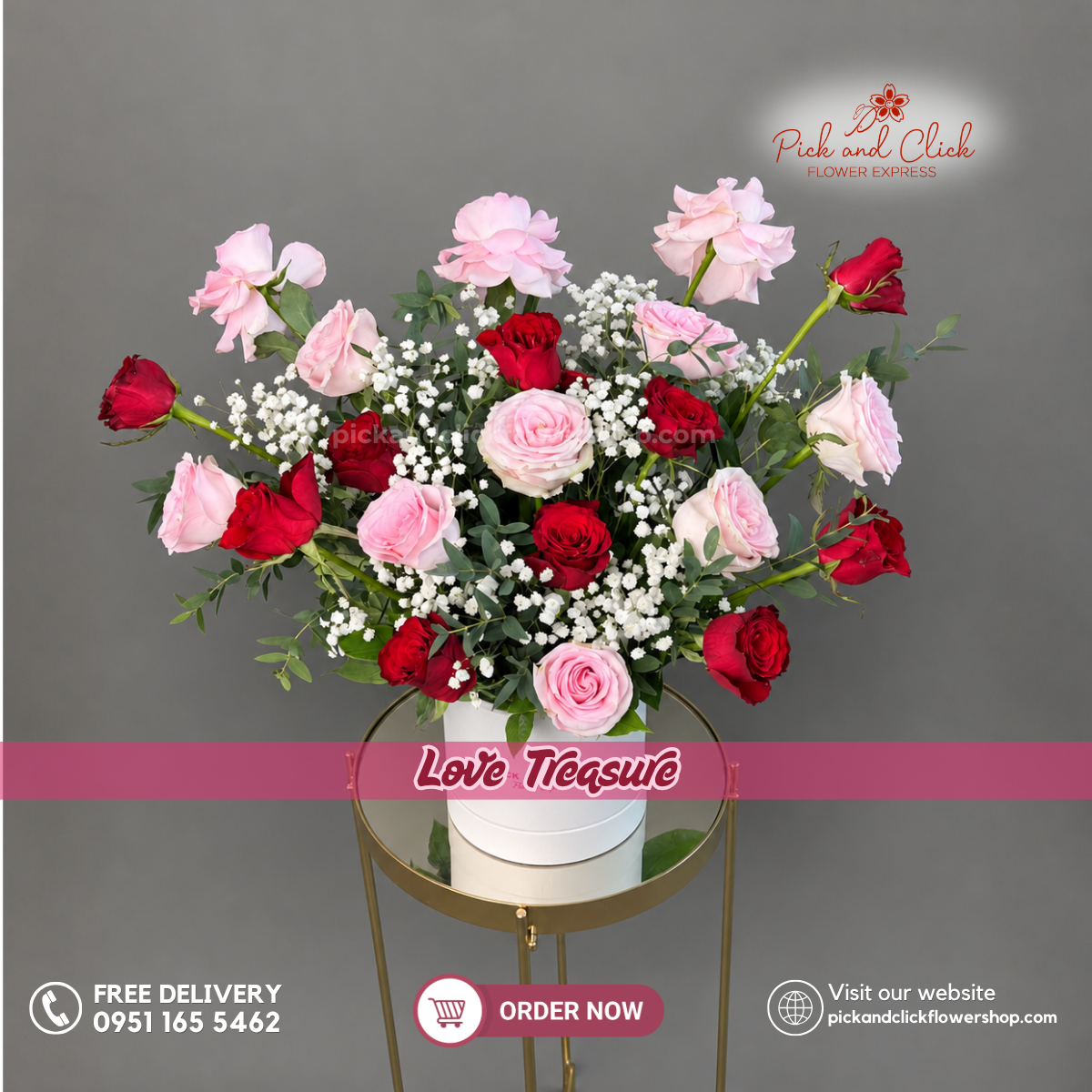 Love Treasure Round Box Arrangement featuring 10 Imported Red Roses, 10 Imported Light Pink Roses, Gypsophila, and Parvi Leaves in a romantic floral arrangement in the Philippines.