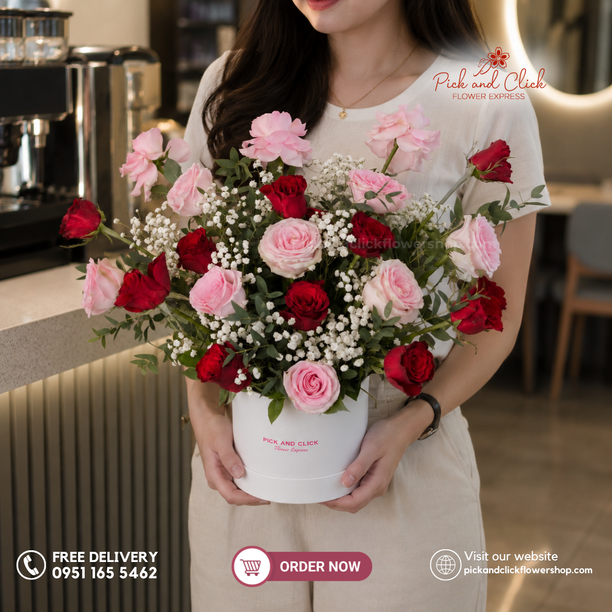 Love Treasure Round Box Arrangement featuring 10 Imported Red Roses, 10 Imported Light Pink Roses, Gypsophila, and Parvi Leaves in a romantic floral arrangement in the Philippines.