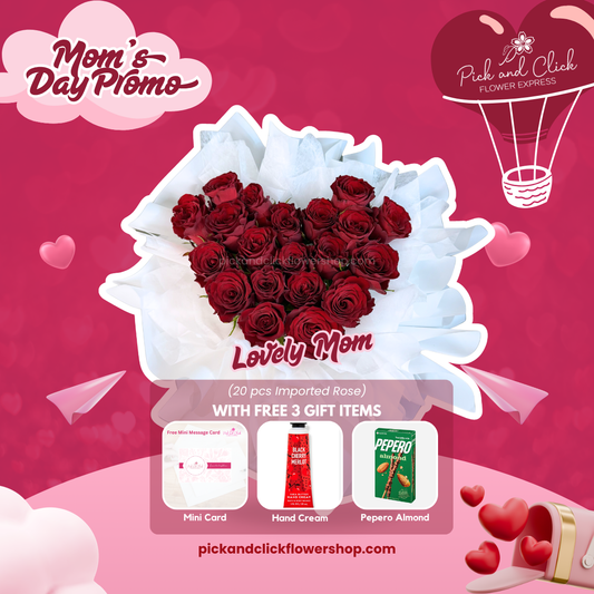 Lovely Mom bouquet featuring 20 imported red roses with free mini card, hand cream, and Pepero Almond in a simple and heartfelt Mother’s Day arrangement.