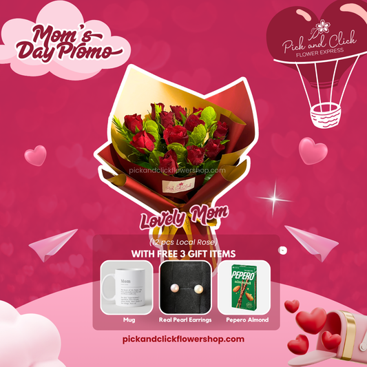 Bouquet of red roses in red and gold wrapping with included freebies — perfect for showing love to a lovely mom