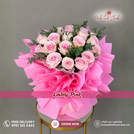 Lovely Pink Bouquet featuring 20 Imported Light Pink Roses with Parvi Leaves in an elegant Pink and Green flower bouquet in the Philippines.
