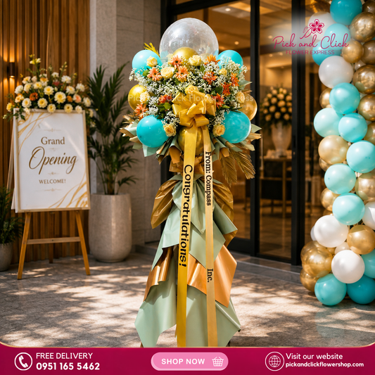 Lucky Emerald Opening Stand featuring imported roses, gerbera, dried palm leaves, gypsophila, balloons, and a custom printed ribbon, a vibrant and elegant floral arrangement designed to bring prosperity and celebrate grand openings, business launches, and special events in the Philippines.