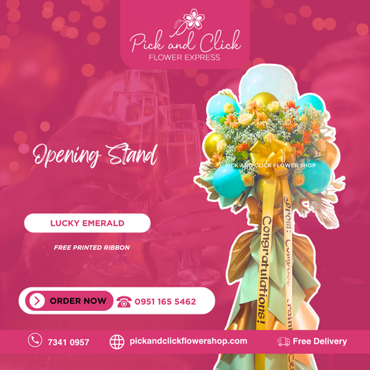Lucky Emerald Opening Stand featuring imported roses, gerbera, dried palm leaves, gypsophila, balloons, and a custom printed ribbon, a vibrant and elegant floral arrangement designed to bring prosperity and celebrate grand openings, business launches, and special events in the Philippines.