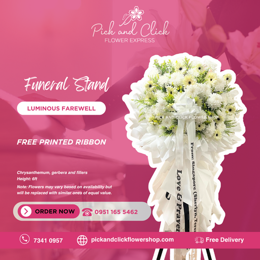 Funeral stand bouquet with white chrysanthemums, gerbera, and fillers in white wrap