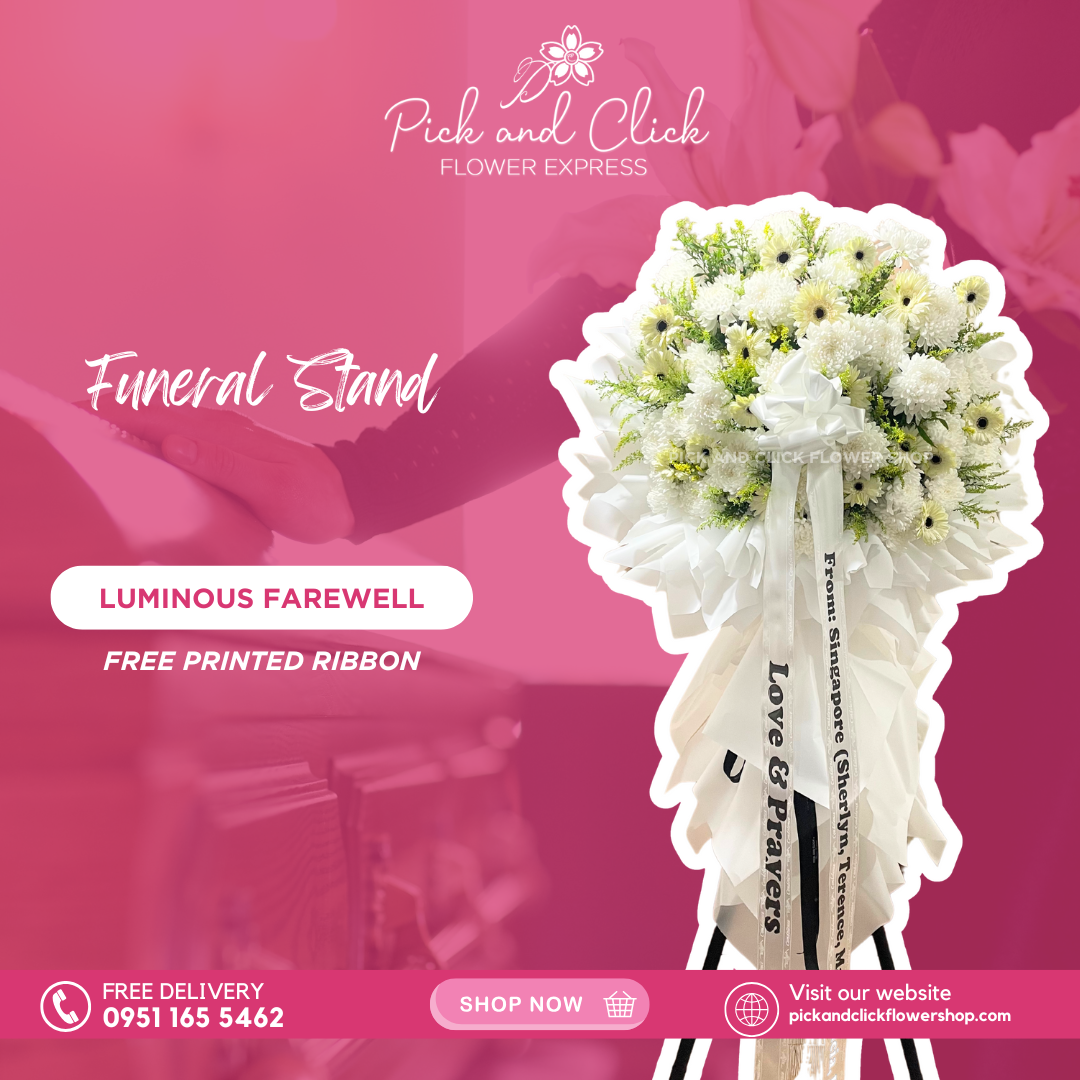 Luminous Farewell Funeral Stand featuring chrysanthemums, gerbera, and fillers, a graceful and comforting sympathy floral arrangement designed as a respectful tribute for funerals and memorial services in the Philippines.