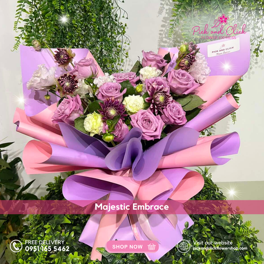 Purple imported roses, purple dahlias, and white lisianthus bouquet in two-tone purple-pink wrap – Metro Manila flower delivery