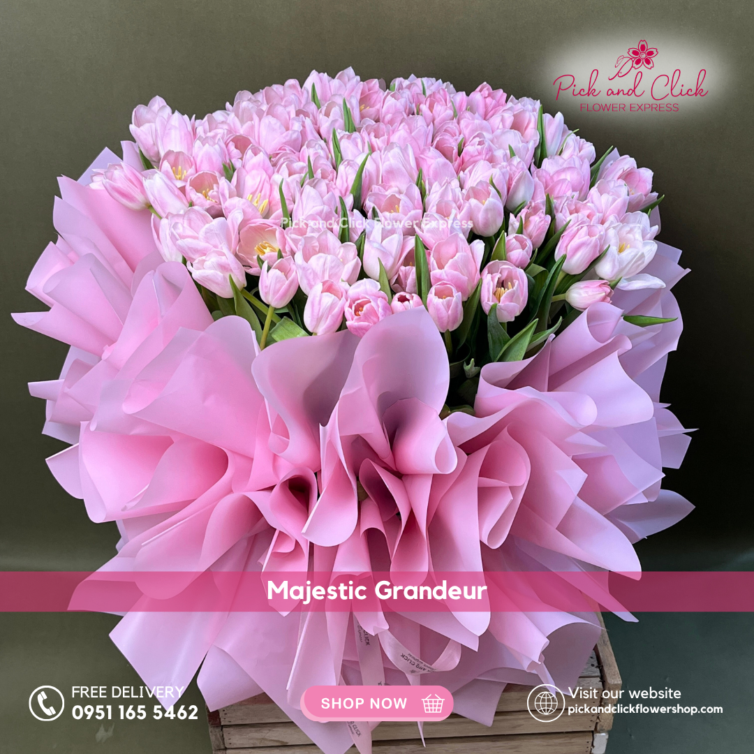 Majestic Grandeur Bouquet featuring fresh imported pink tulips, a soft and luxurious floral arrangement perfect for romantic gifts, birthdays, anniversaries, and special occasions in the Philippines.