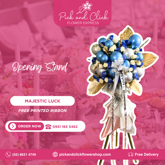 Majestic Luck Opening Stand featuring imported white roses, blue sprayed white roses, gold sprayed eucalyptus, bakya leaves, and balloons, a luxurious and festive floral arrangement designed to symbolize success and prosperity for grand openings and special events in the Philippines.