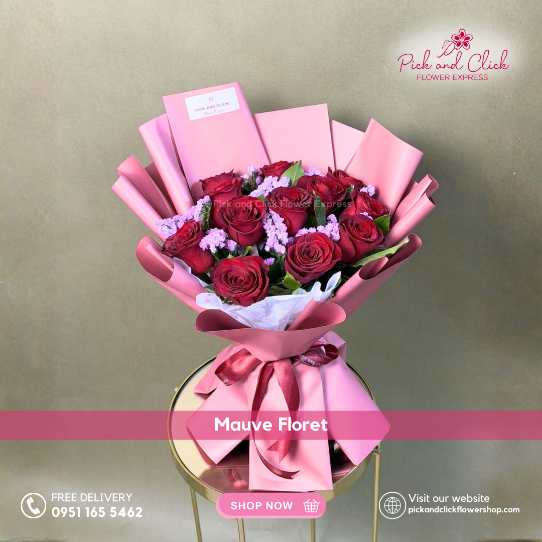 Mauve Floret Bouquet featuring imported red roses, pink statice, gypsophila, and fresh eucalyptus in an elegant hand bouquet, perfect for romantic occasions and premium gifting.