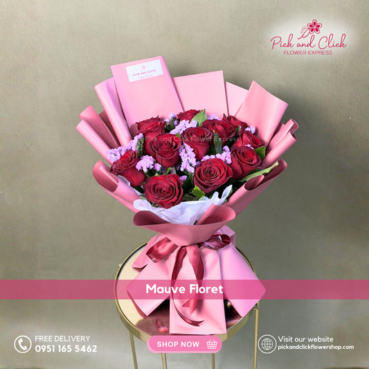 Mauve Floret Bouquet featuring imported red roses, pink statice, gypsophila, and fresh eucalyptus in an elegant hand bouquet, perfect for romantic occasions and premium gifting.