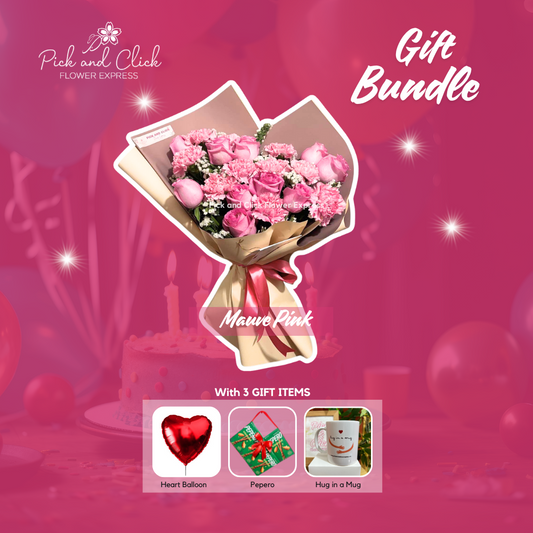 Bouquet of imported pink roses and pink carnations in stylish two-tone wrap — a soft and graceful floral gift

