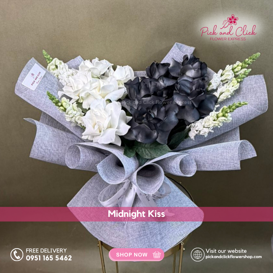 White rose, black-sprayed white rose, and snapdragon bouquet in Korean linen wrap – Metro Manila flower delivery