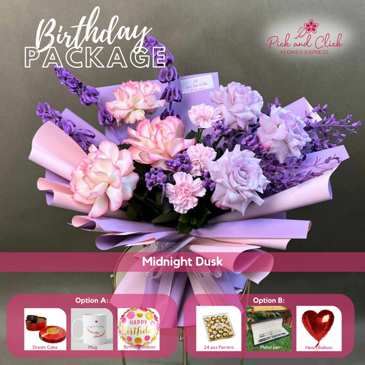 Midnight Dusk bouquet featuring moody blues, two tone pink roses, blue sprayed Bells of Ireland and parvi leaves arranged in a birthday gift package with optional add ons.