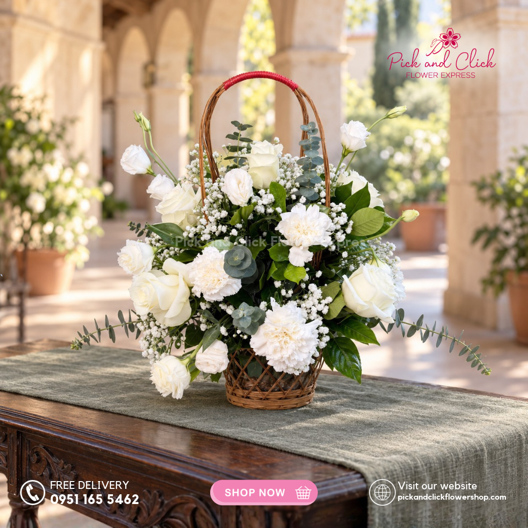 Mini Sympathy 13 mini funeral arrangement featuring imported white roses, white carnations, white lisianthus or paper rose, gypsophila, eucalyptus, and rosal with same-day delivery in the Philippines.