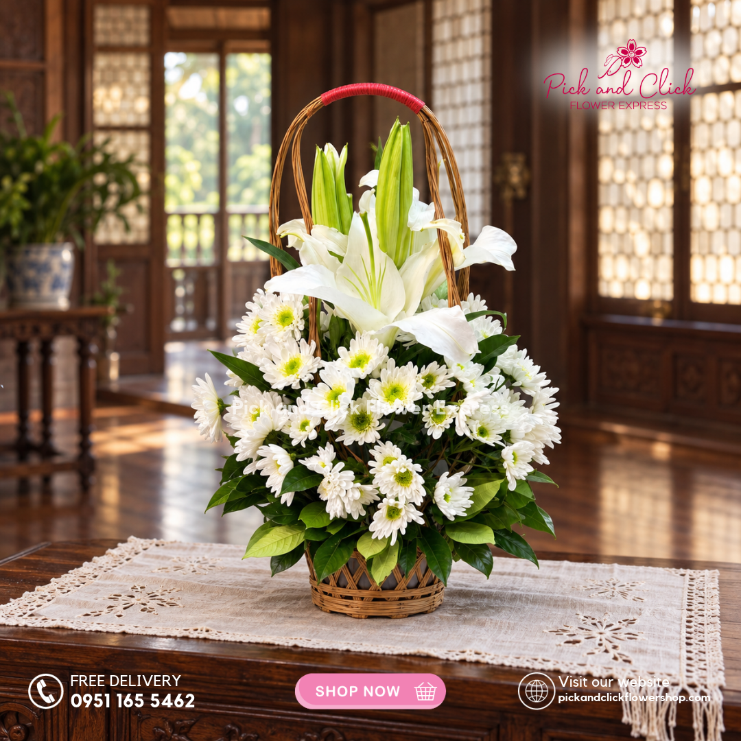 Mini Sympathy 16 mini funeral arrangement featuring radus, white lily or stargazer, and rosal with same-day delivery in the Philippines.