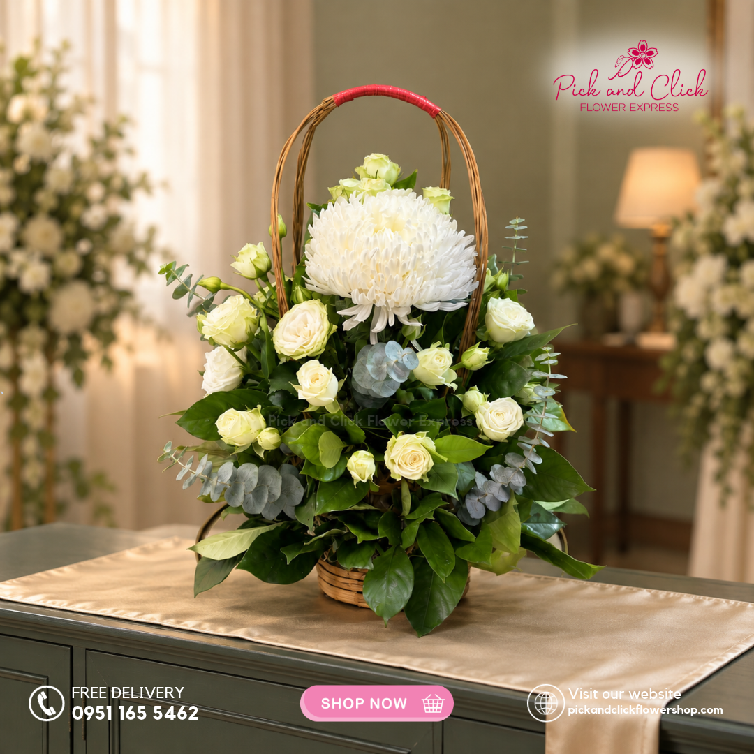 Mini Sympathy 18 funeral basket arrangement featuring a sunlight chrysanthemum, white spray roses, eucalyptus, and rosal by Pick and Click Flower Express.