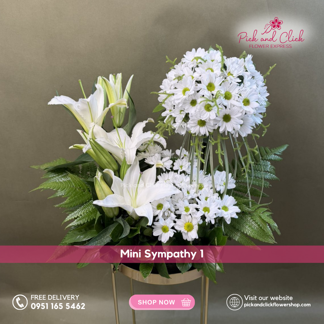 Mini Sympathy 1 featuring a mini funeral arrangement with white chrysanthemum, white stargazer, fresh leaves, and green fillers, a simple yet elegant sympathy floral design for respectful tributes and memorial services in the Philippines.
