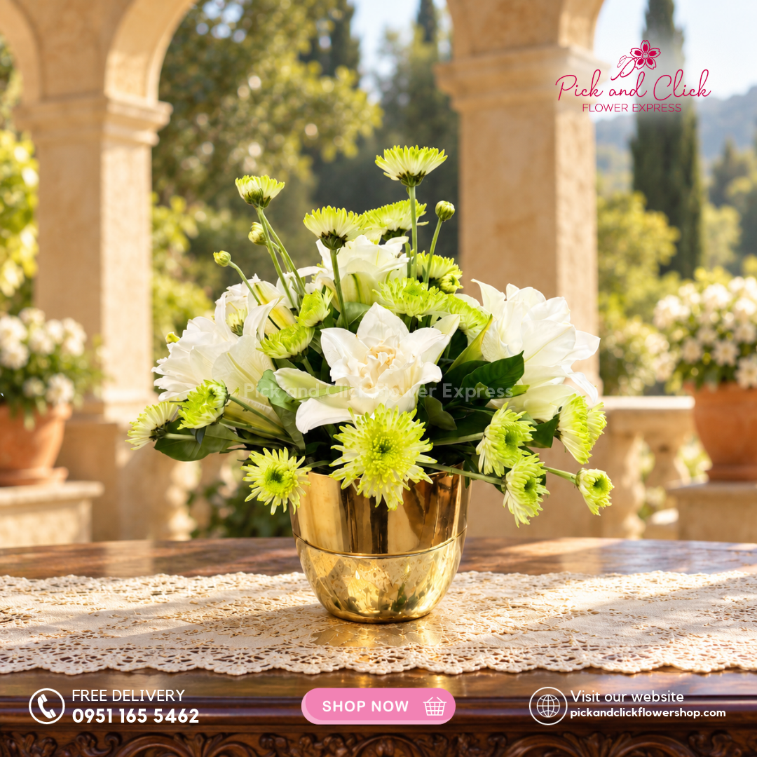 Mini Sympathy 22 vase arrangement with double-petal white lilies/stargazers, mums, and rosal, available with same-day delivery in the Philippines.