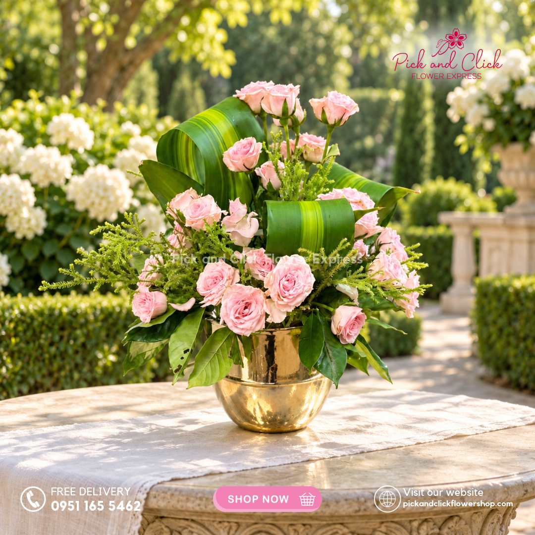 Mini Sympathy 23 vase arrangement with pink spray roses, lycopodium, fortune leaves, and rosal, available with same-day delivery in the Philippines.