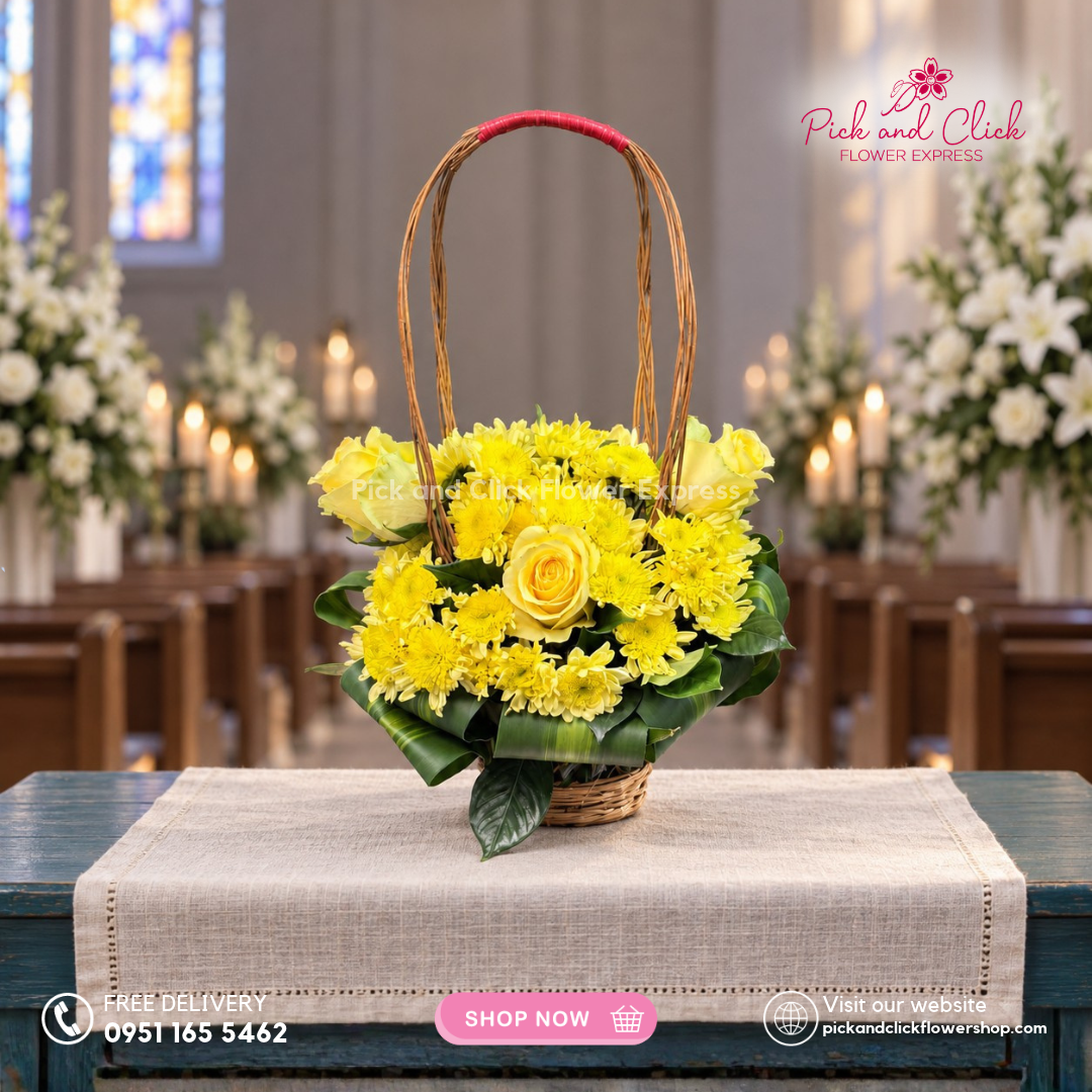 Mini Sympathy 24 mini funeral arrangement with 3 yellow roses, yellow mums, fortune leaves, and rosal, available with same-day delivery in the Philippines.