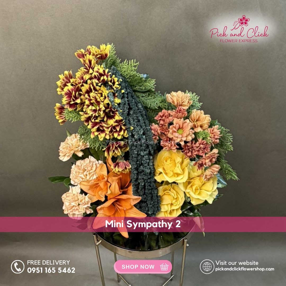 Mini Sympathy 2 featuring a mini funeral arrangement with dahlia, carnation, stargazer, imported rose, and fresh leaf fillers, a simple yet elegant sympathy floral design for respectful tributes and memorial services in the Philippines.