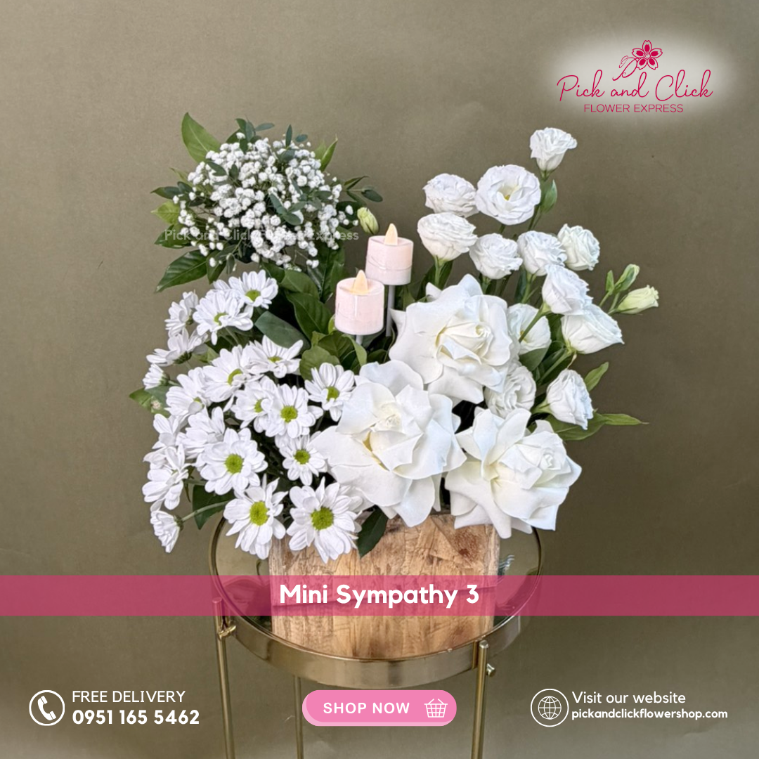 Mini Sympathy 3 featuring a mini funeral arrangement with white roses, white lisianthus, white mums, gypsophila, rosal, a simple yet elegant sympathy floral design for respectful tributes and memorial services in the Philippines.