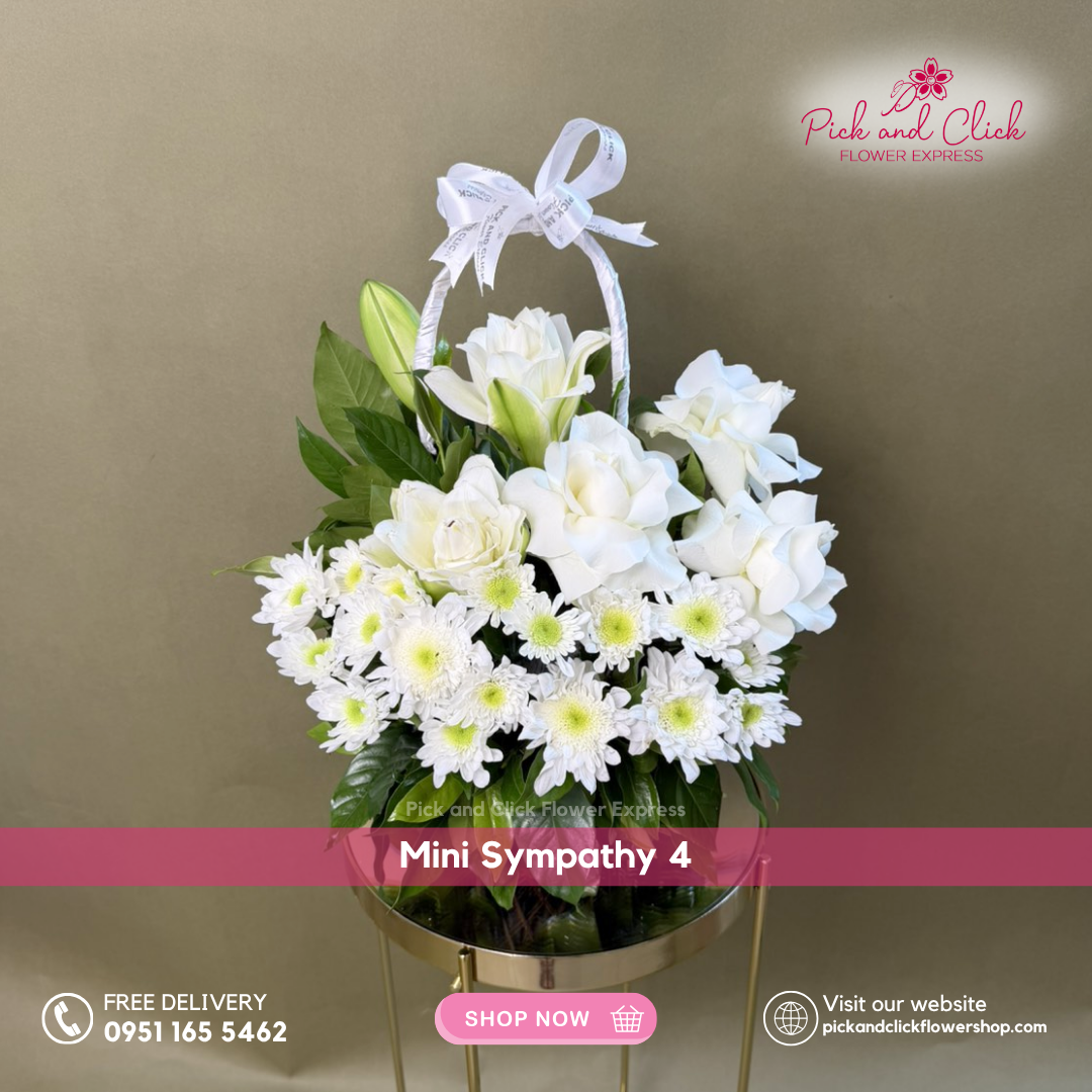 Mini funeral arrangement with white roses, white stargazers, radus, and rosal – Metro Manila flower shop